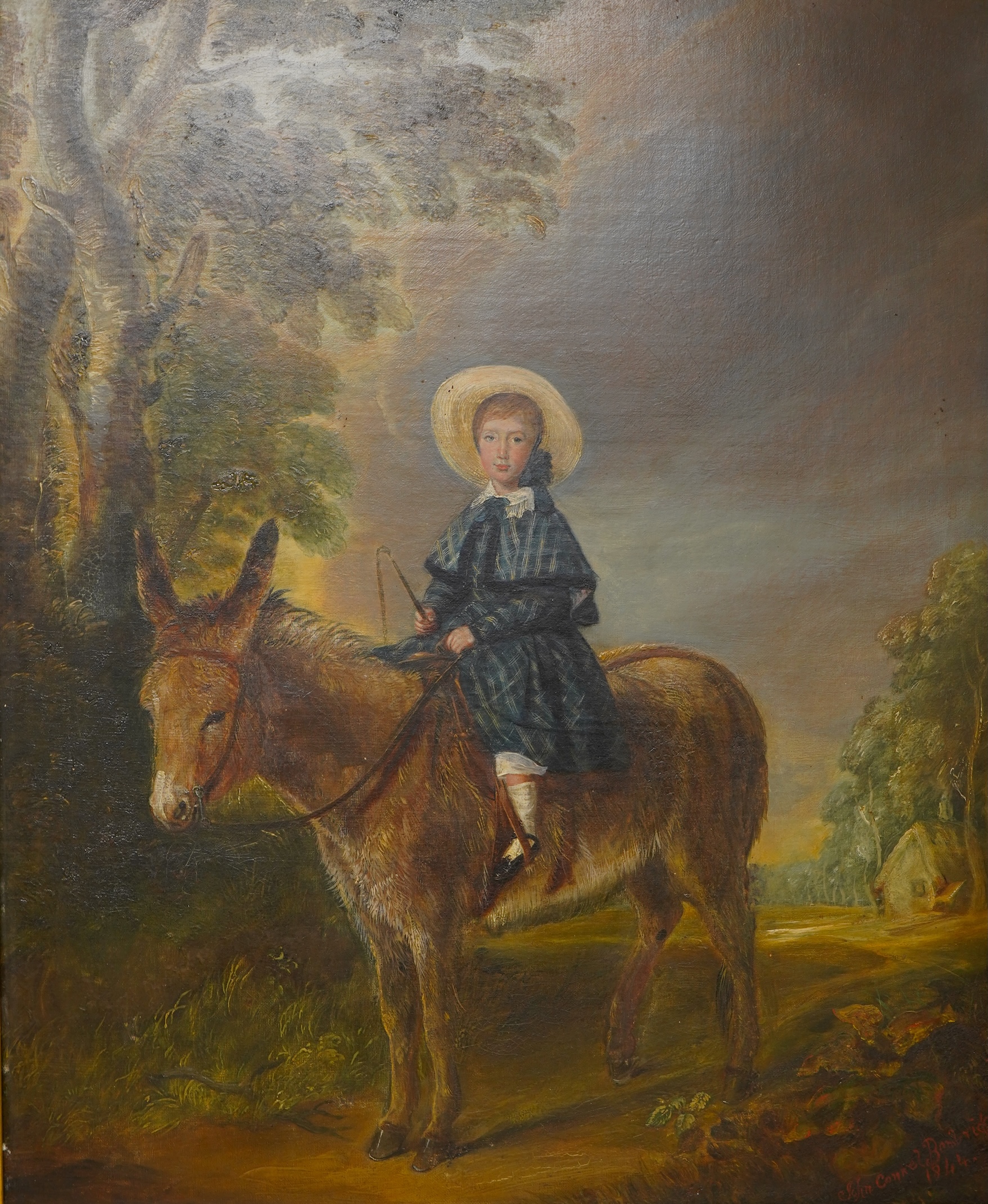 John Connell (19th. C), Portrait of a girl on a donkey at Bembridge, signed and dated 1844, oil on canvas, ornate gilt frame, 49 x 40cm